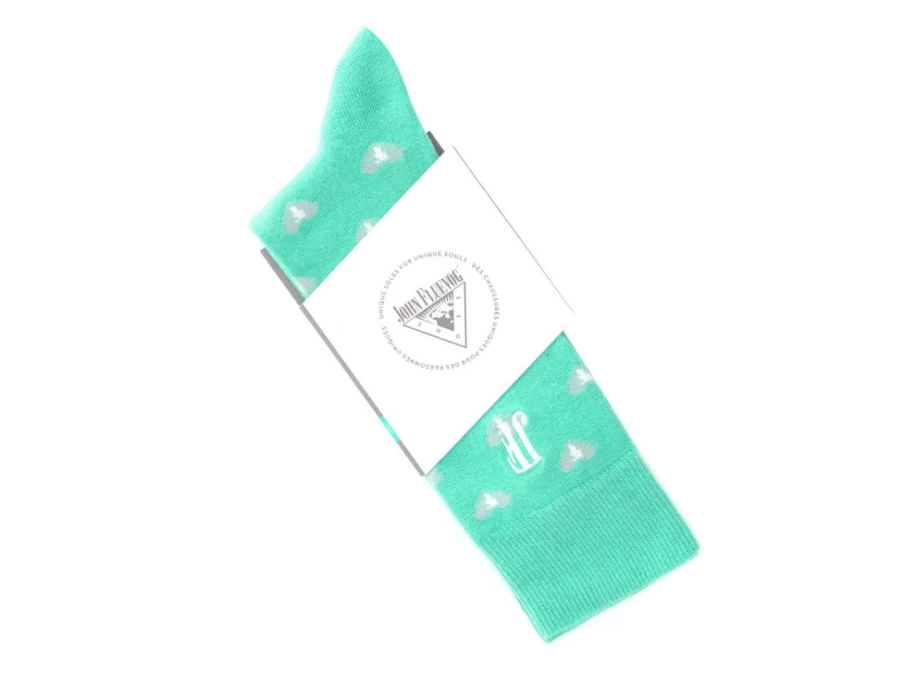 "Fluevog Shoes Teal Heart-Print Socks | Fine Vog Socks for Stylish Comfort"