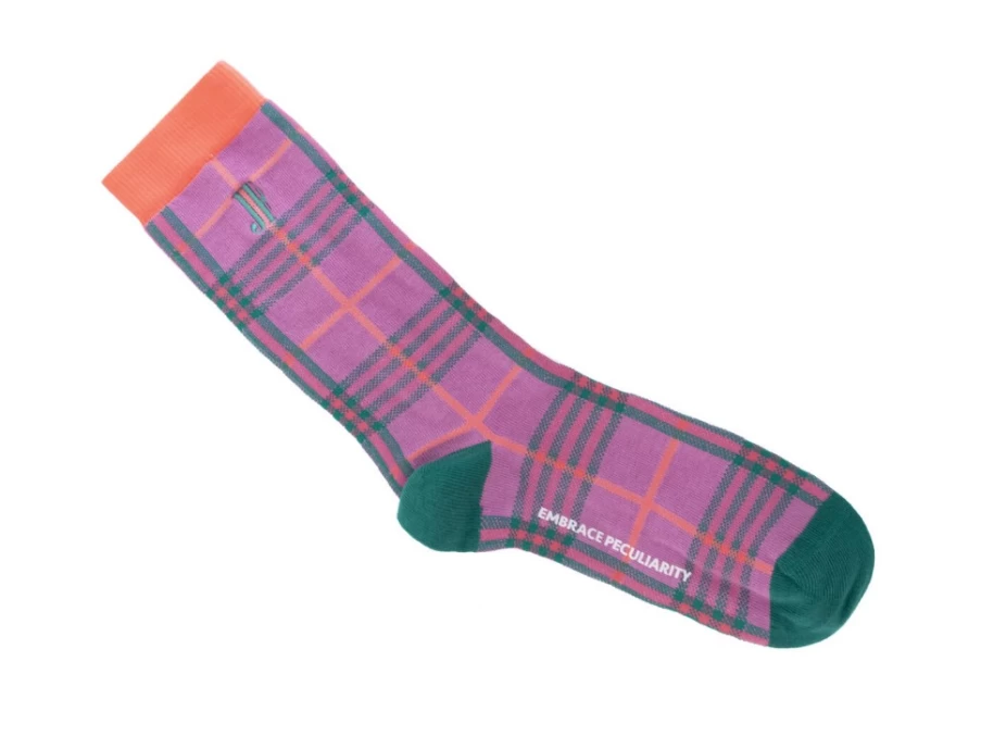 Fluevog Hazel Vog Knit Plaid Socks - Purple & Teal Striped Wool Socks for Men & Women