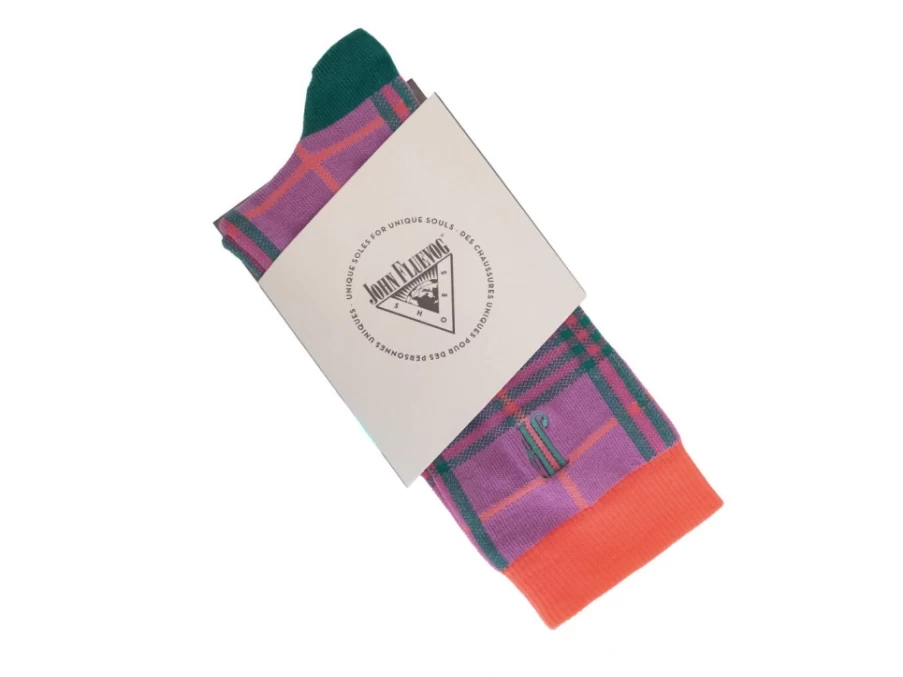 Fluevog Hazel Vog Knit Plaid Socks - Purple & Teal Striped Wool Socks for Men & Women