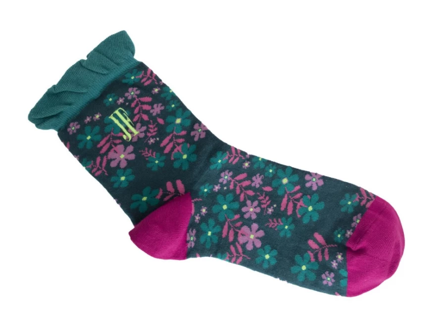 "Fluevog Shoes Teal Pink Floral Ruffle Socks | Purrcy Vog Socks for Women"
