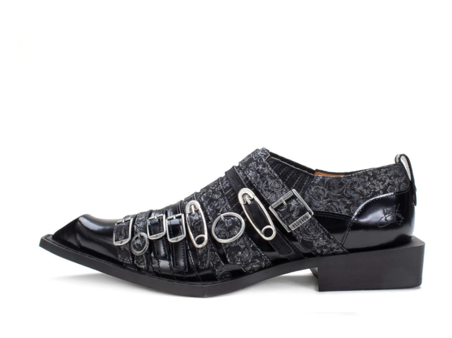 Fluevog Shoes Ozzy Slip-On Swordfish Buckle Black Leather Loafers