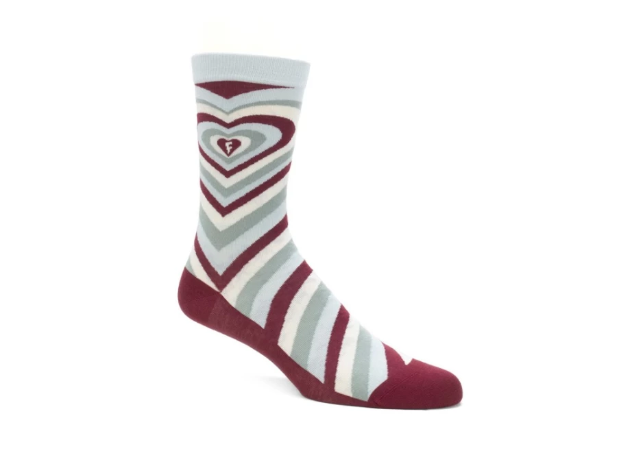 Fluevog Shoes Baobao Vog Socks - Cream Blue Burgundy Heart Illusion Pattern Casual Socks