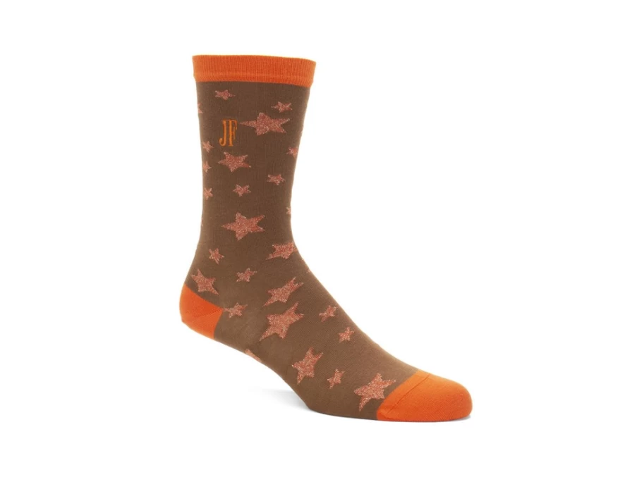 Fluevog Shoes Bianca Vog Socks - Brown/Metallic Orange Star Pattern Crew Socks