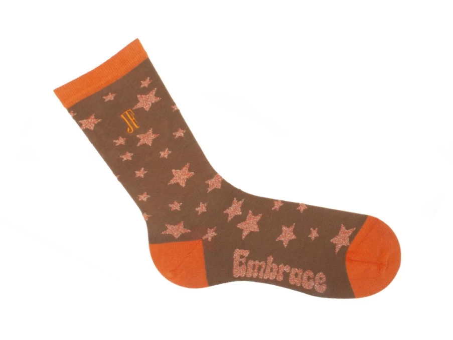 Fluevog Shoes Bianca Vog Socks - Brown/Metallic Orange Star Pattern Crew Socks