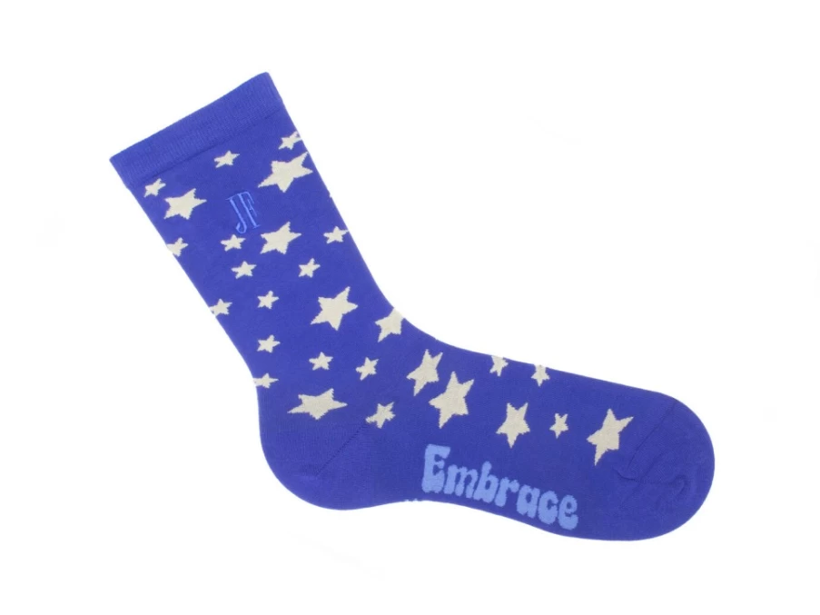 Fluevog Shoes Bianca Vog Socks with Large Stars Design in Navy/Beige