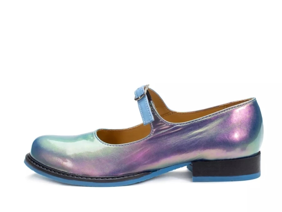 Fluevog Shoes Blue Metallic Barnett Flat Mary Jane Women's Loafers