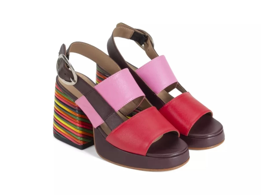 Fluevog Shoes Kerry Slingback Platform Sandal in Burgundy & Pink