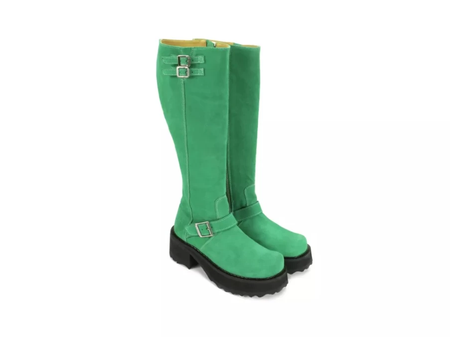 "Fluevog Shoes Green Suede Bond Girl Tall Boots With Buckles | Stylish Ankle Boots"