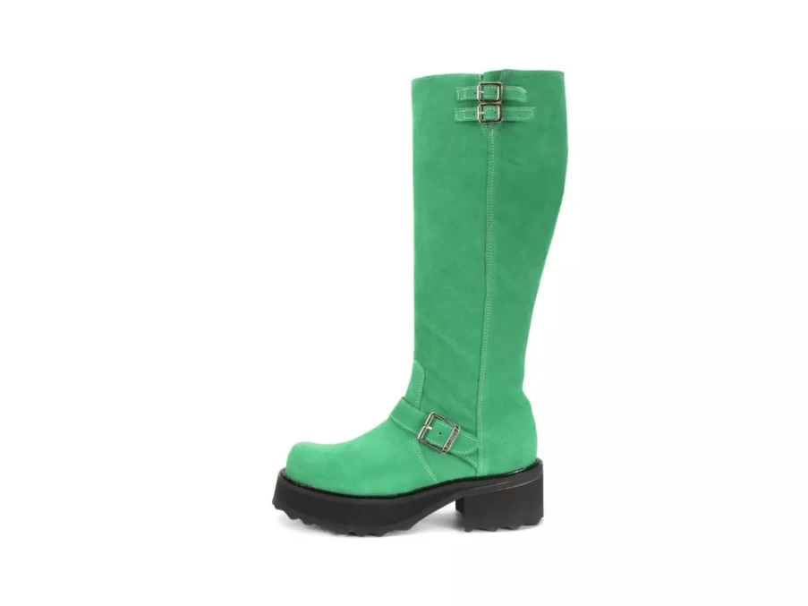 "Fluevog Shoes Green Suede Bond Girl Tall Boots With Buckles | Stylish Ankle Boots"