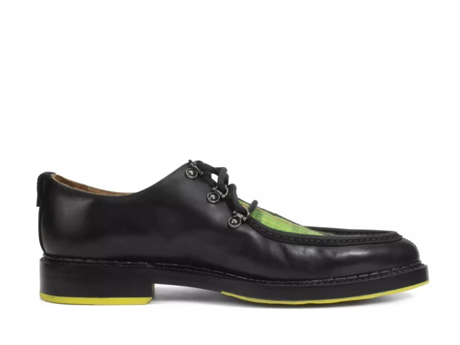 Fluevog Shoes Thorp Black Green Plaid D-Ring Lace-Up Oxfords