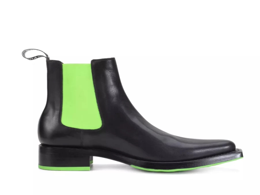 Fluevog Shoes Lyngenfjord Black Neon Pointed Toe Chelsea Boots for Men/Women