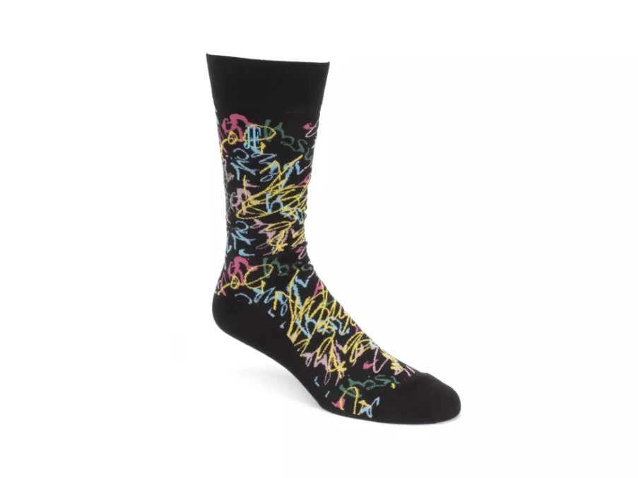 Fluevog Juniper Vog Abstract Knit Socks in Black & Multi-Color Pattern
