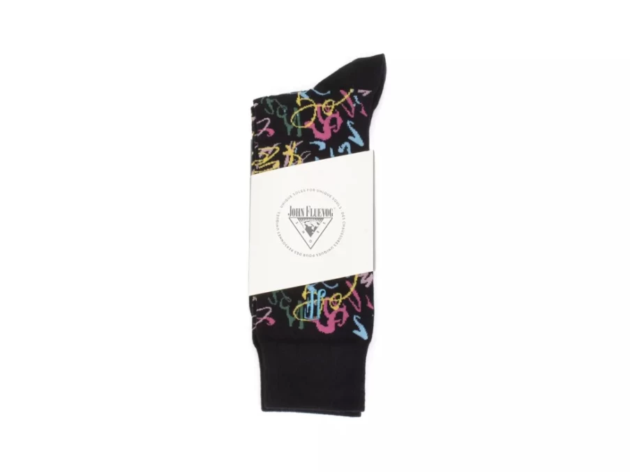Fluevog Juniper Vog Abstract Knit Socks in Black & Multi-Color Pattern